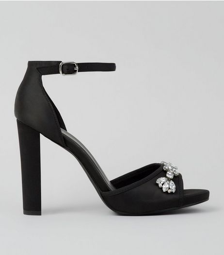 Wide Fit Black Crystal Embellished Satin Heeled Sandals | New Look