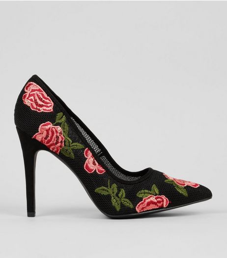 Wide Fit Black Mesh Floral Embroidered Heels | New Look