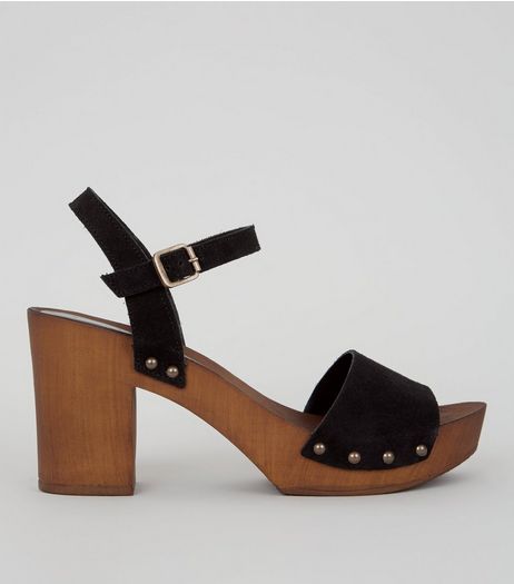 Black Suede Wooden Platform Block Heeled Clogs | New Look
