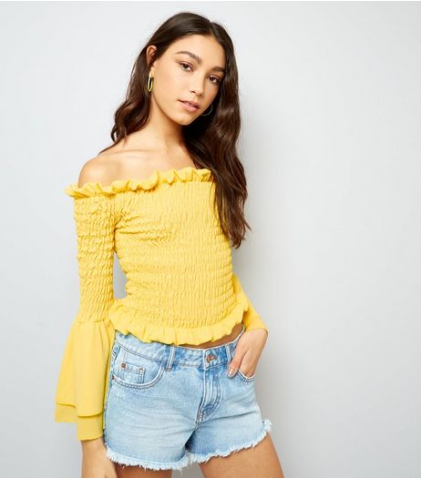 Cameo Rose Yellow Bardot Frill Sleeve Top | New Look