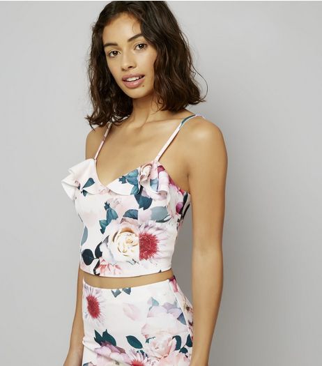 Petite Pink Floral Print Frill Trim Crop Top | New Look