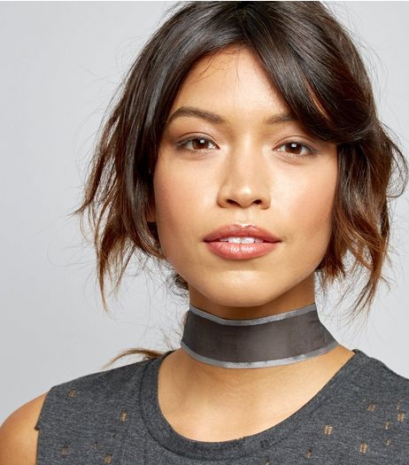 Wide Black Chiffon Metallic Trim Choker | New Look