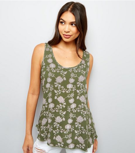 Apricot Olive Green Floral Print Bar Back Vest | New Look