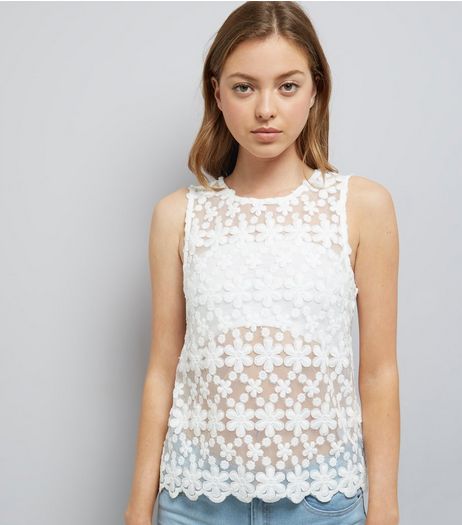Cream Embroidered Daisy Lace Sleevless Top | New Look