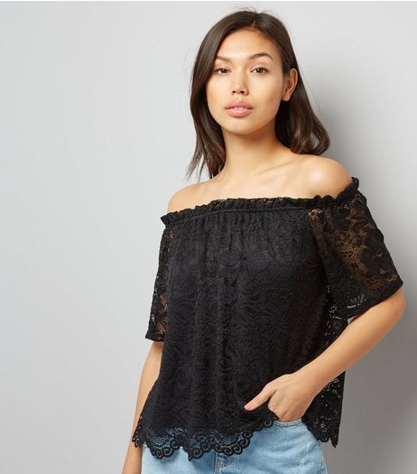 Black Lace Sleeve Bardot Top | New Look