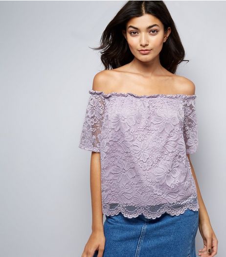 Purple Lace Sleeve Bardot Neck Top | New Look