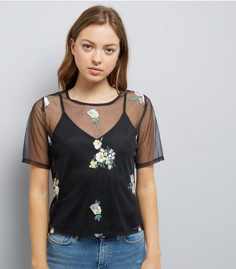 Black Floral Embroidred Mesh Top With Cami | New Look