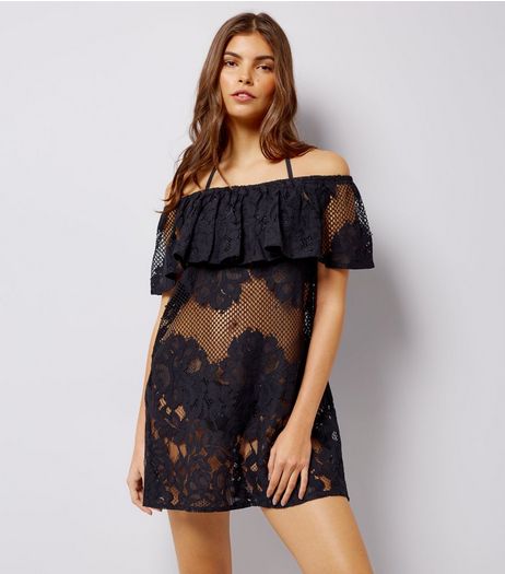 Black Fishnet And Lace Bardot Neck Beach Dress | New Look