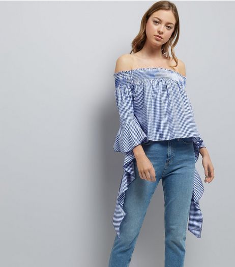 Blue Vanilla Blue Gingham Bardot Neck Top | New Look