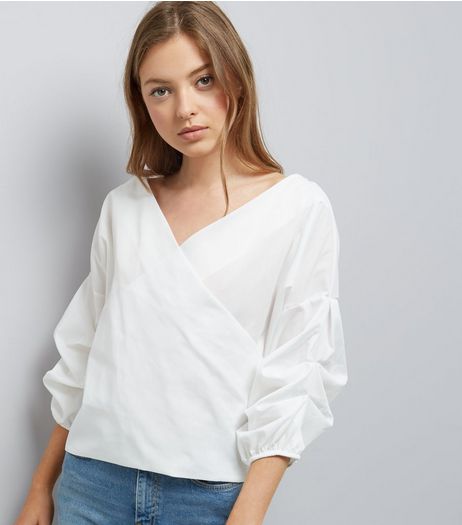 Blue Vanilla Cream Gathered Sleeve Wrap Front Top | New Look