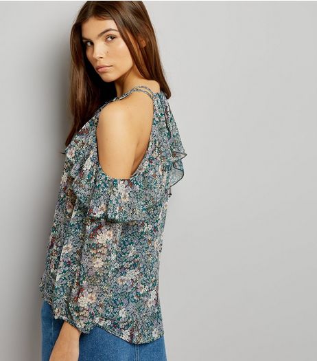 Blue Vanilla Green Floral Print Cold Shoulder Top | New Look