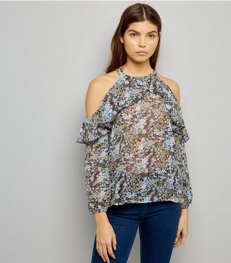 Blue Vanilla Navy Floral Print Cold Shoulder Top | New Look