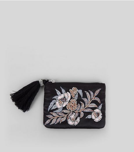 Black Floral Embellished Zip Top Purse | New Look