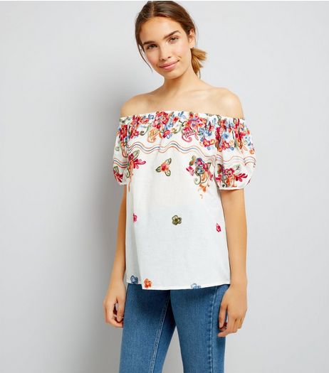 Blue Vanilla Cream Floral Print Bardot Neck Top | New Look