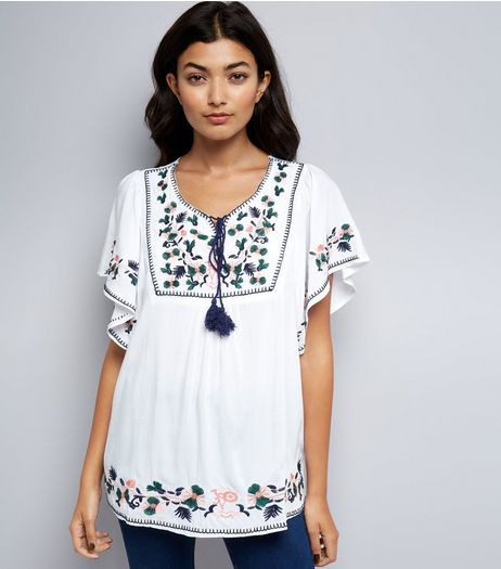 Blue Vanilla Cream Floral Embroidered Top | New Look