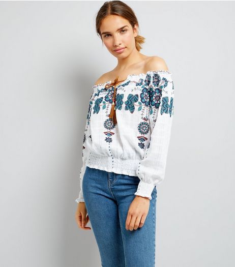 Blue Vanilla Cream Embroidered Bardot Neck Top | New Look