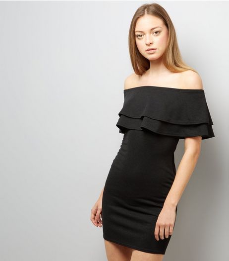 Black Frill Trim Bardot Neck Bodycon Dress | New Look