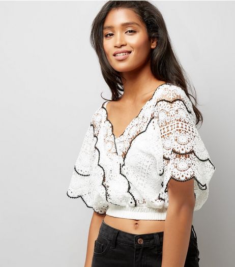 Pink Vanilla Cream Lace Contrast Trim Crop Top | New Look