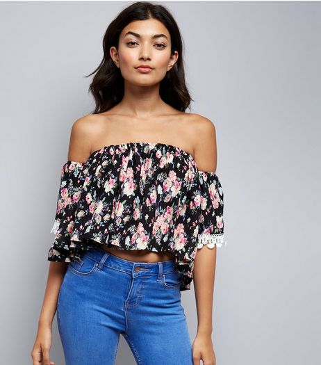 Pink Vanilla Black Floral Print Bardot Neck Top | New Look