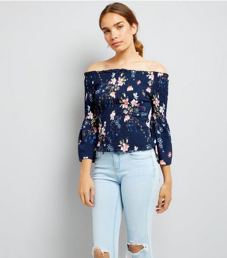 Pink Vanilla Navy Floral Print Bardot Neck Top | New Look