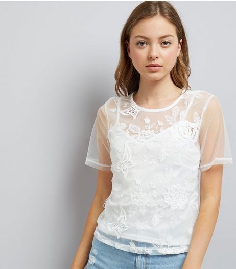 White Butterfly Embroidred Mesh Top With Cami | New Look