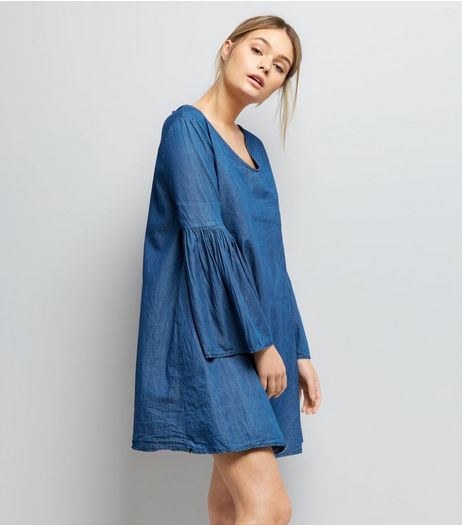 Mela Blue Denim Bell Sleeve Dress | New Look