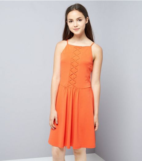 Teens Orange Lattice Front Skater Dress | New Look