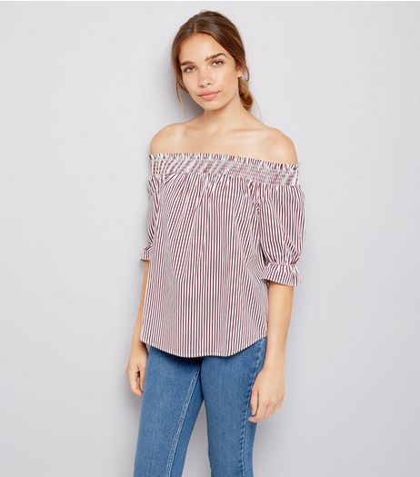 Red Stripe Shirred Bardot Neck Top | New Look