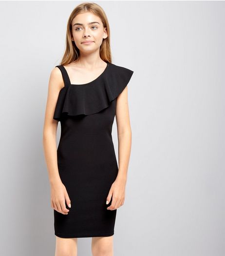 Teens Black Asymmetric Frill Bodycon Dress | New Look