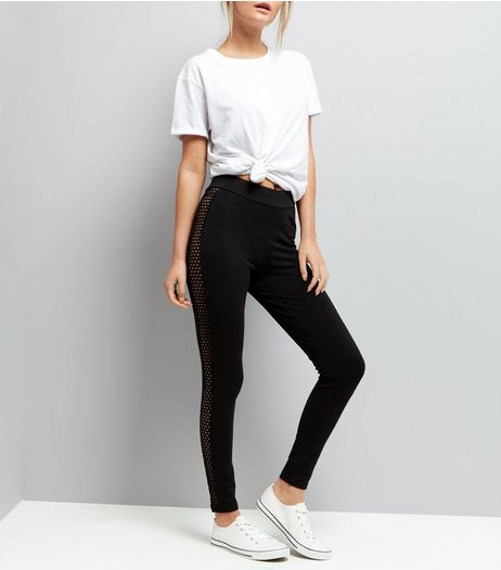 Black Cut Out Fishnet Panel Leggings | New Look