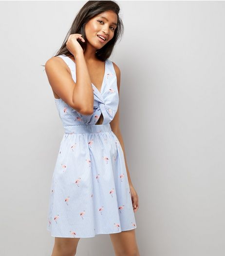 Blue Stripe and Flamingo Twist Front Sundress | New Look