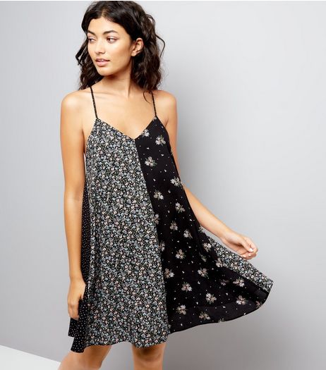 Black Patchwork Floral Print Swing Dress | New Look
