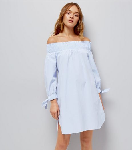Blue Stripe Bardot Shirt Dress | New Look
