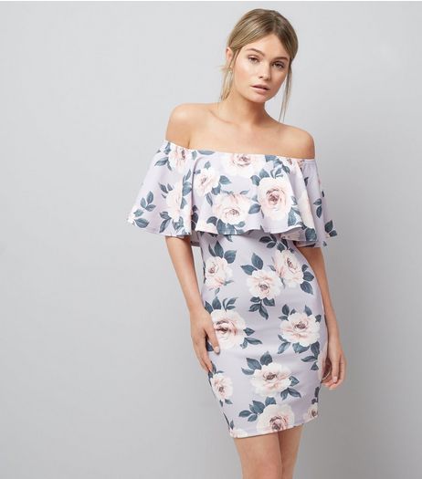 Purple Floral Print Bardot Neck Bodycon Dress | New Look