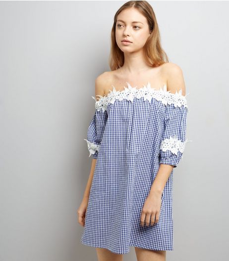 Blue Crochet Lace Trim Gingham Bardot Neck Dress | New Look
