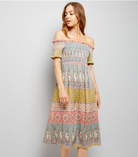 Multicoloured Stripe Shirred Bardot Midi Dress | New Look