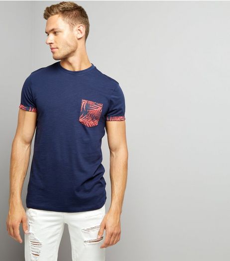 Navy Leaf Print Pocket T-Shirt | New Look