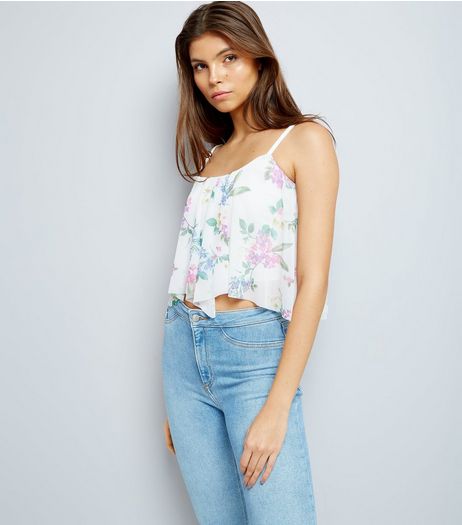 White Mesh Floral Print Hanky Hem Crop Top | New Look