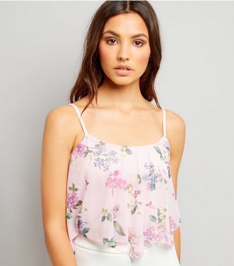 Mid Pink Floral Print Mesh Hanky Hem Crop Top | New Look