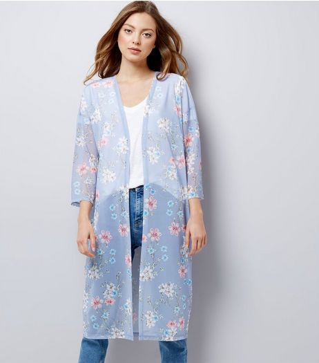 Blue Floral Print Mesh Kimono | New Look
