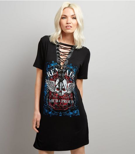Petite Black Lace Up Rock T-Shirt Dress | New Look
