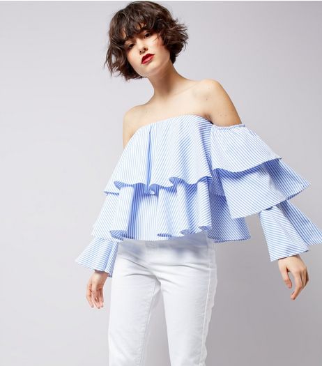 Blue Stripe Tiered Frill Bardot Top | New Look
