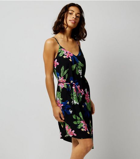 Petite Black Tropical Print Asymmetric Slip Dress | New Look