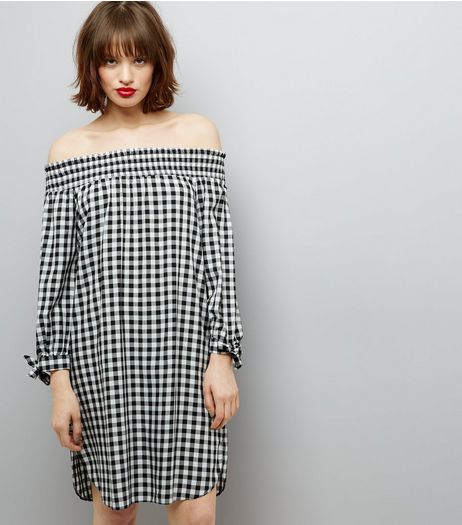 Black Gingham Check Shirred Bardot Neck Dress | New Look