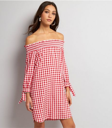 Red Gingham Check Shirred Bardot Neck Dress | New Look