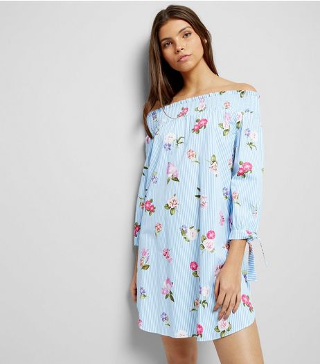 Blue Stripe Floral Print Bardot Dress | New Look