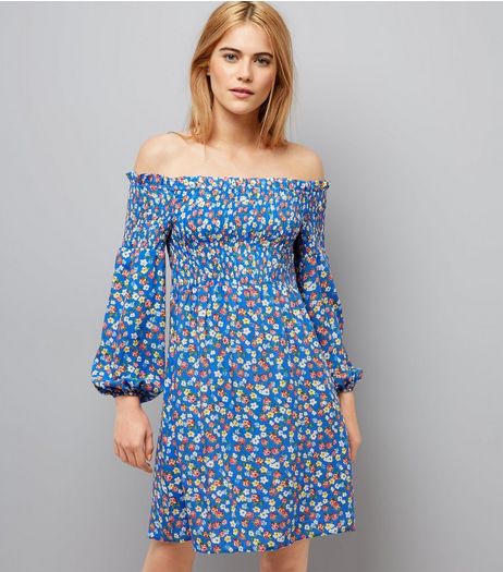 Blue Ditsy Print Shirred Bardot Skater Dress | New Look