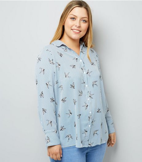 Curves Blue Stripe Bird Print Shirt | New Look