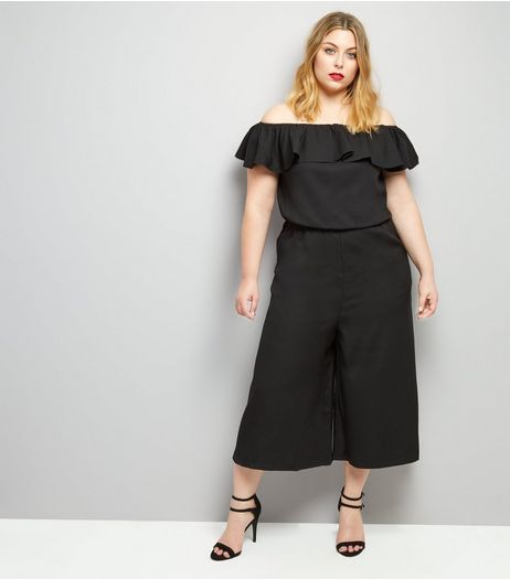 Curves Black Frill Trim Bardot Neck Jumpsuit | New Look