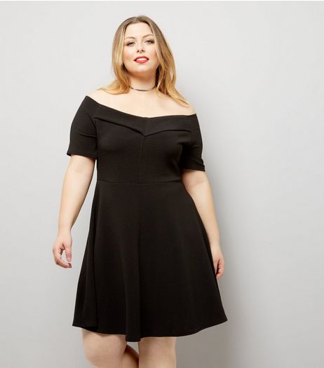 Curves Black Bardot Neck Crepe Skater Dress | New Look